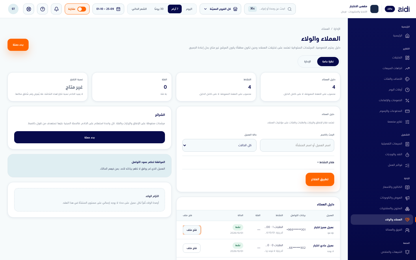 فتح ملف عميل من دليل العملاء وقراءة كتلة بيانات التواصل المقنّعة