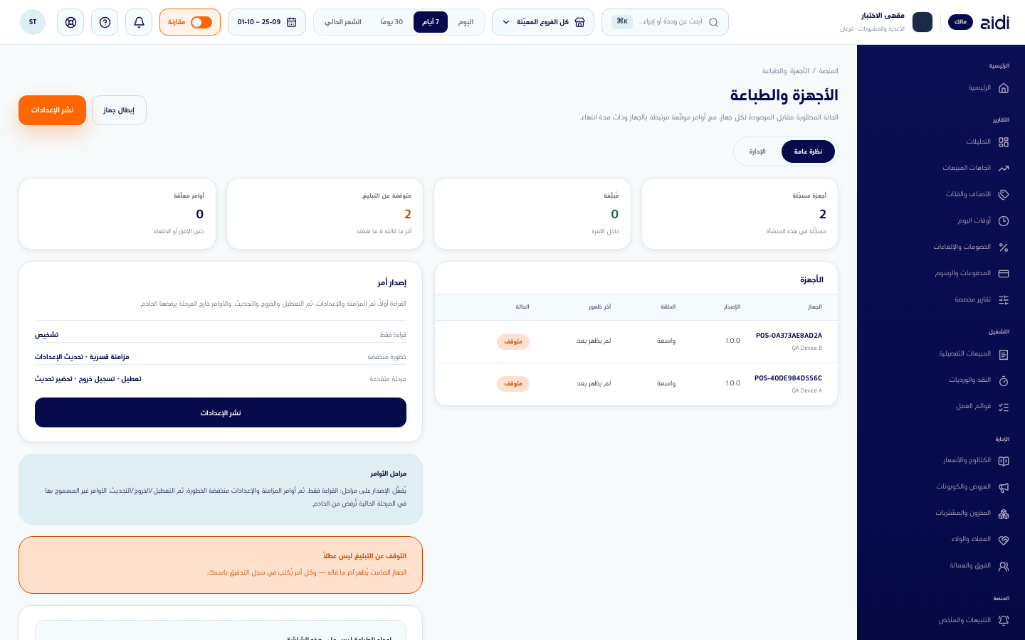 شاشة الأجهزة والطباعة ببطاقاتها الأربع وجهازين متوقفين عن الإبلاغ