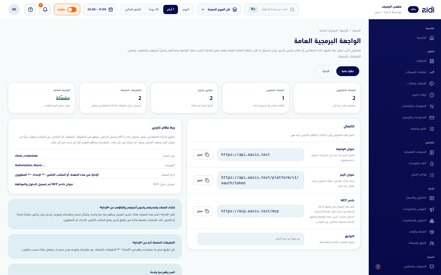 صفحة الواجهة البرمجية العامة في لوحة المعلومات على نظرة عامة ببطاقاتها الخمس وبطاقة الاتصال والعمود الجانبي