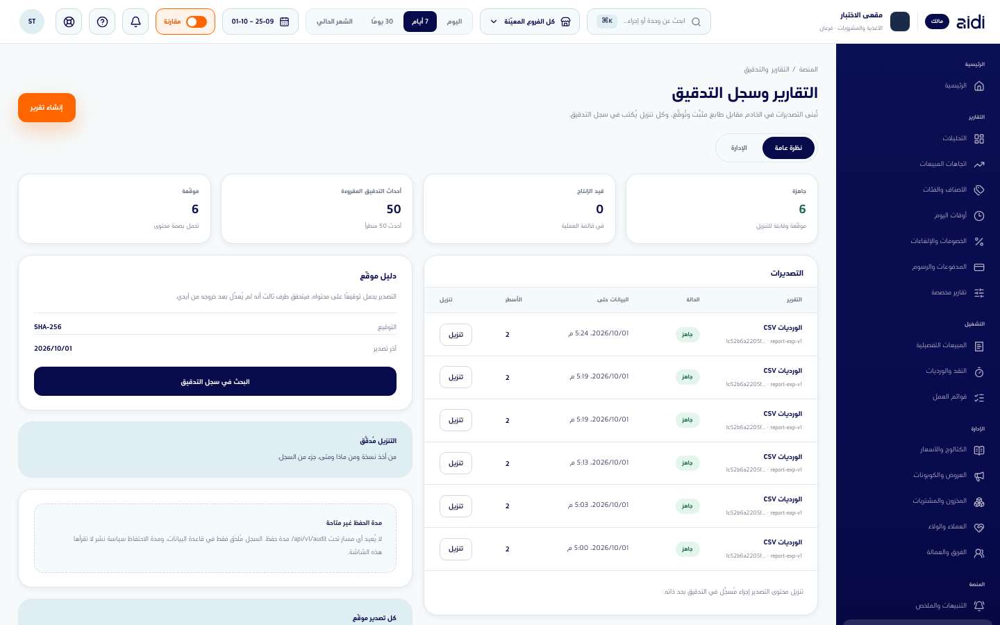 شاشة التقارير وسجل التدقيق ببطاقات التصديرات وجدول التصديرات وبطاقة الدليل الموقّع