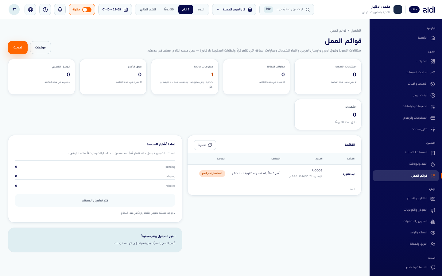 شاشة قوائم العمل ببطاقاتها الست وسطر واحد مدفوع بلا فاتورة في القائمة