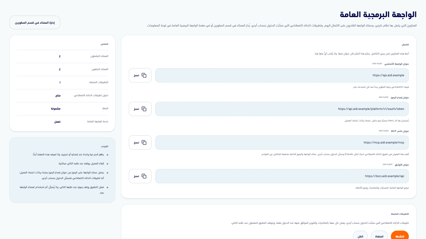 شاشة الواجهة البرمجية العامة بعناوين الاتصال الأربعة ولكل منها زر نسخ، وعمود الملخص