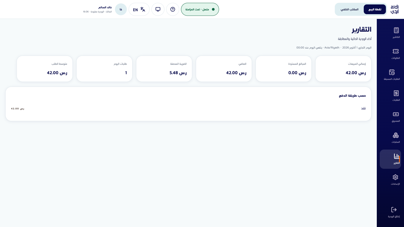 شاشة التقارير وسطر اليوم التجاري وستة أرقام وتوزيع وسائل الدفع